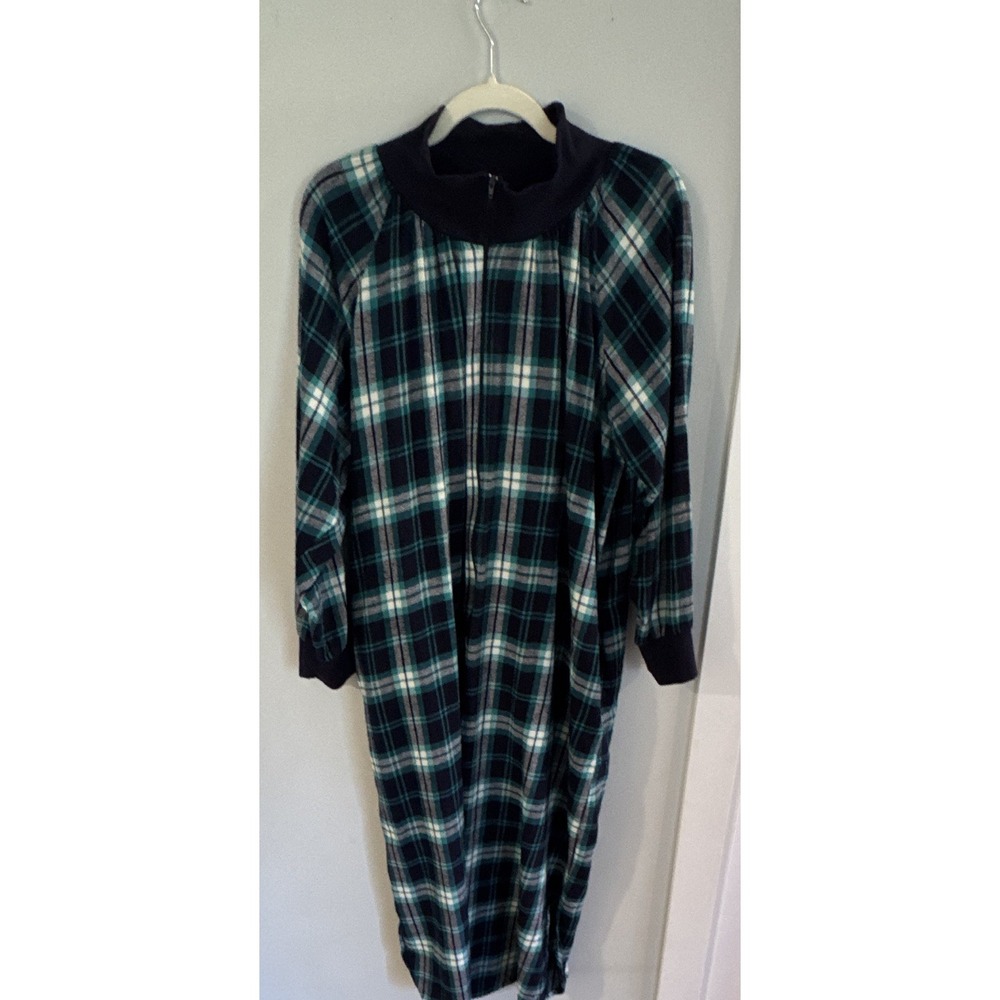 Vintage 90's Womens Plaid Fleece Zip Front Mock Neck Gown Pockets - Size XL